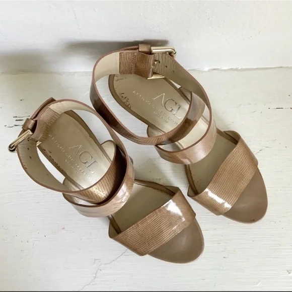 Agl Nude Patent Leather Lizard Embossed Ankle Wrap Wedge Sandal 38 1/2 - Picture 3 of 12